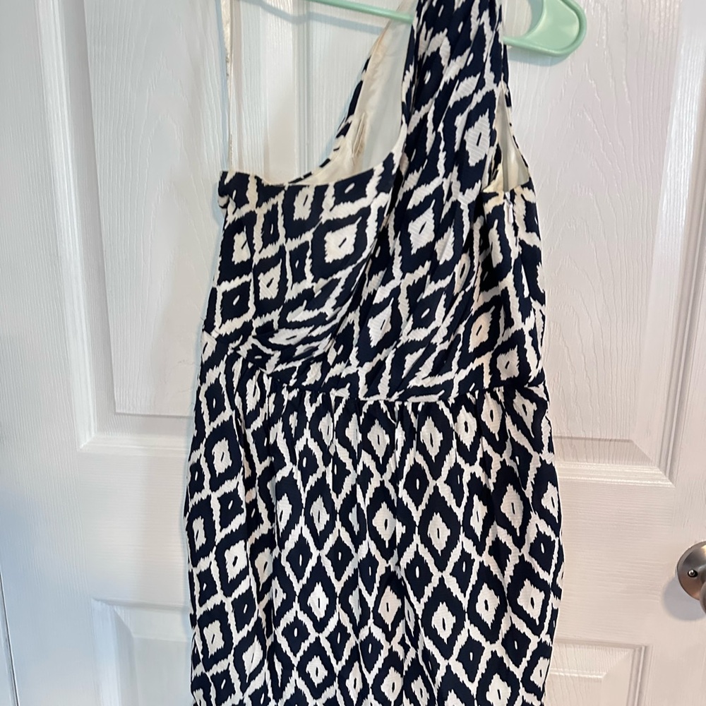 One Shoulder Navy and White Silk Shoshanna Dress